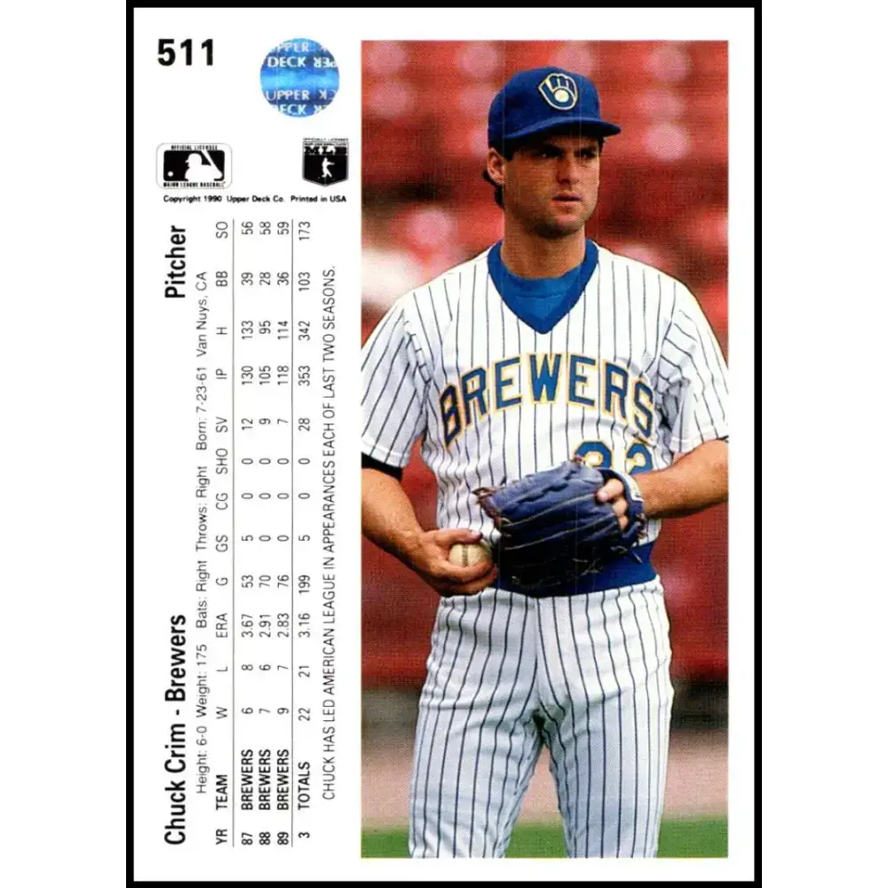 1990 Upper Deck #511 Chuck Crim NM-MT Milwaukee Brewers Baseball Card - Baseball Card Single