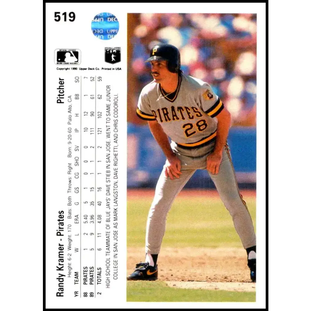 1990 Upper Deck #519 Randy Kramer UER NM-MT Pittsburgh Pirates Baseball Card - Baseball Card Single