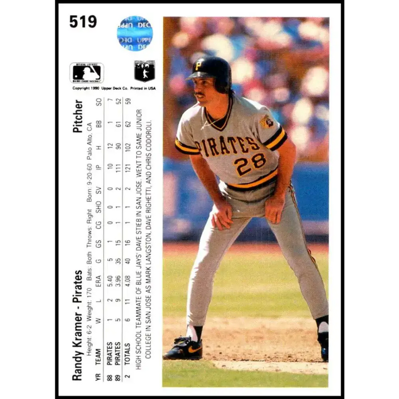 1990 Upper Deck #519 Randy Kramer UER NM-MT Pittsburgh Pirates Baseball Card - Baseball Card Single