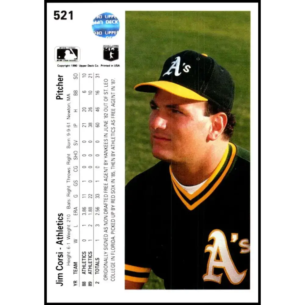 1990 Upper Deck #521 Jim Corsi UER NM-MT Oakland Athletics Baseball Card - Baseball Card Single