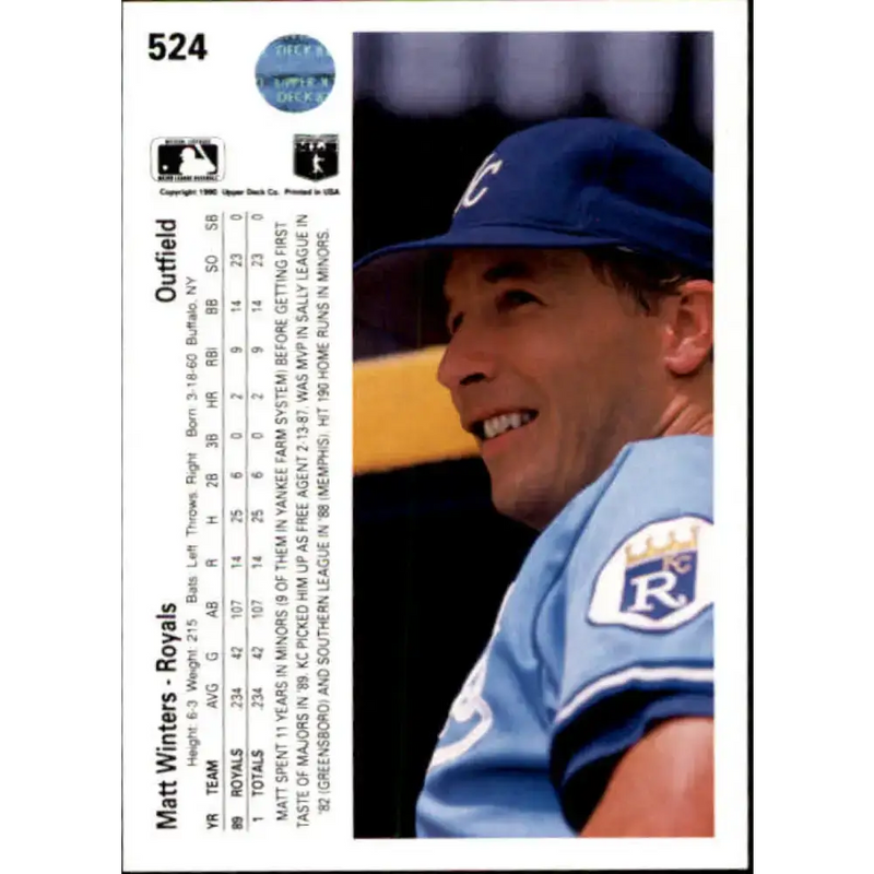 1990 Upper Deck #524 Matt Winters NM-MT RC Rookie Kansas City Royals Baseball Card - Baseball Card Single