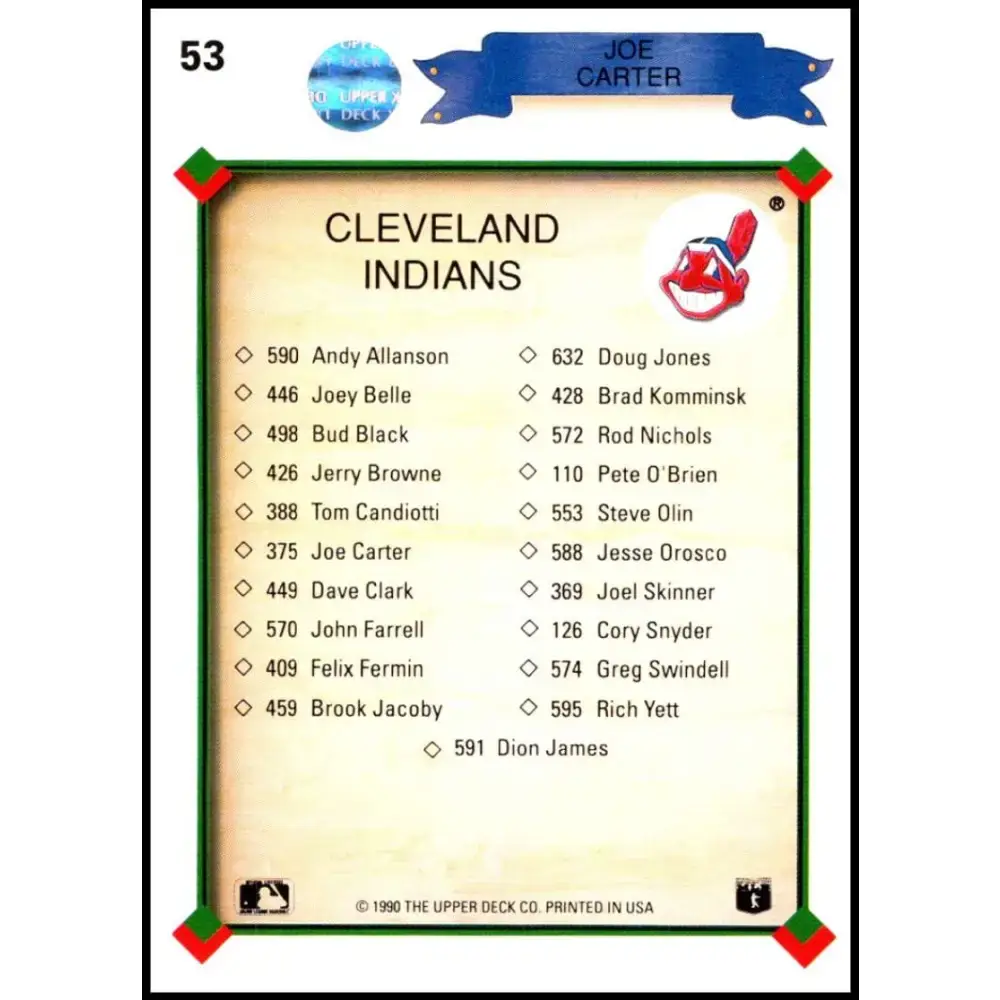 1990 Upper Deck #53 Joe Carter TC NM-MT Cleveland Indians Baseball Card - Baseball Card Single