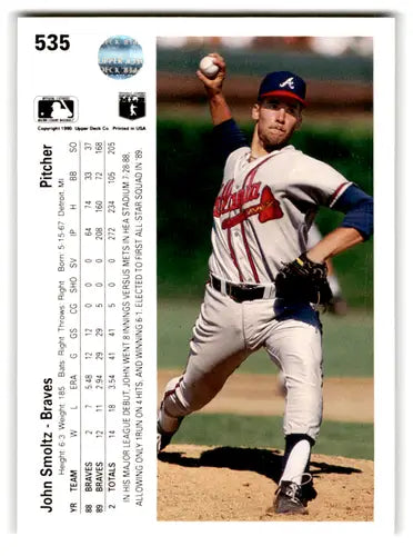 Original gloss baseball card featuring John Smoltz from 1990 Upper Deck Braves