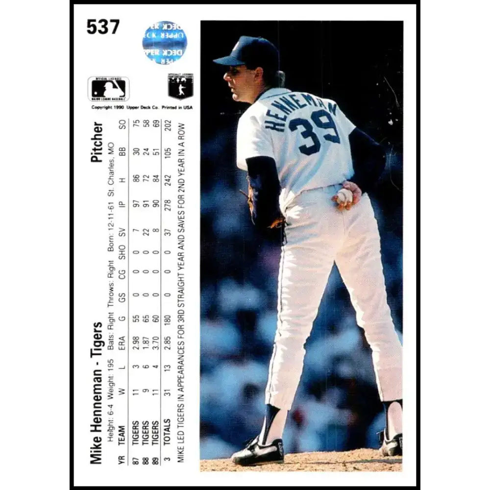 1990 Upper Deck #537 Mike Henneman NM-MT Detroit Tigers Baseball Card - Baseball Card Single