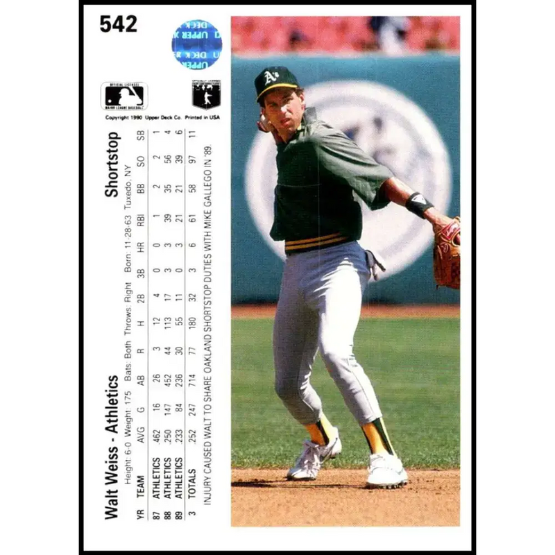 1990 Upper Deck #542 Walt Weiss NM-MT Oakland Athletics Baseball Card - Baseball Card Single