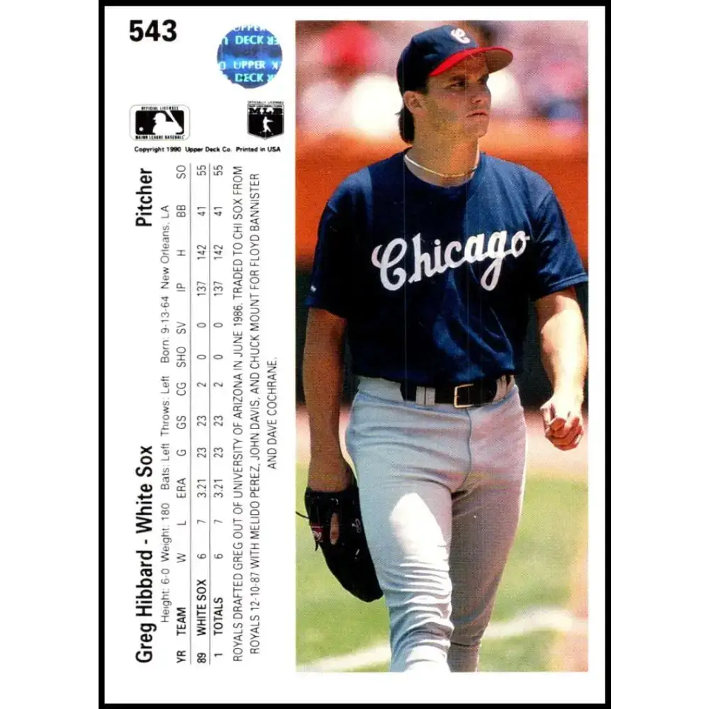 1990 Upper Deck #543 Greg Hibbard NM-MT RC Rookie Chicago White Sox Baseball Card - Baseball Card Single