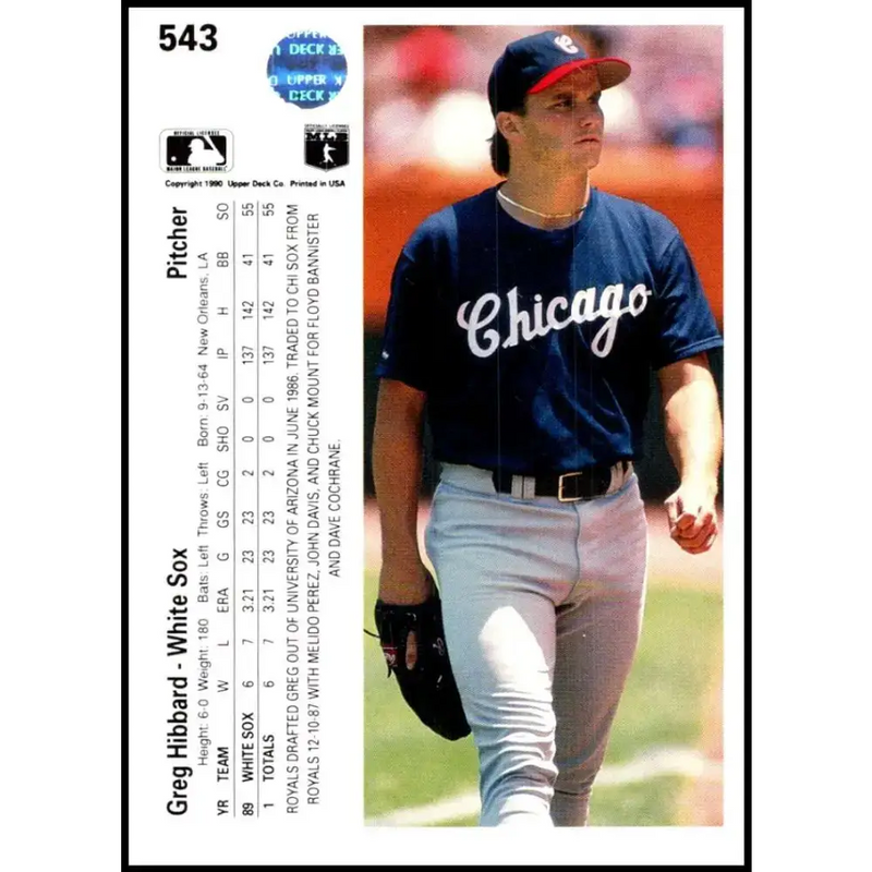 1990 Upper Deck #543 Greg Hibbard NM-MT RC Rookie Chicago White Sox Baseball Card - Baseball Card Single