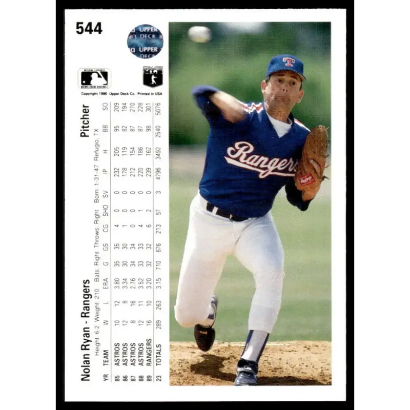 1990 Upper Deck #544 Nolan Ryan EX/NM Texas Rangers Baseball Card - Baseball Card Single