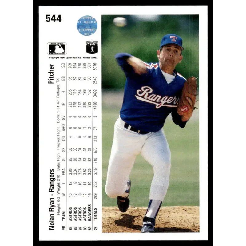 1990 Upper Deck #544 Nolan Ryan EX/NM Texas Rangers Baseball Card - Baseball Card Single
