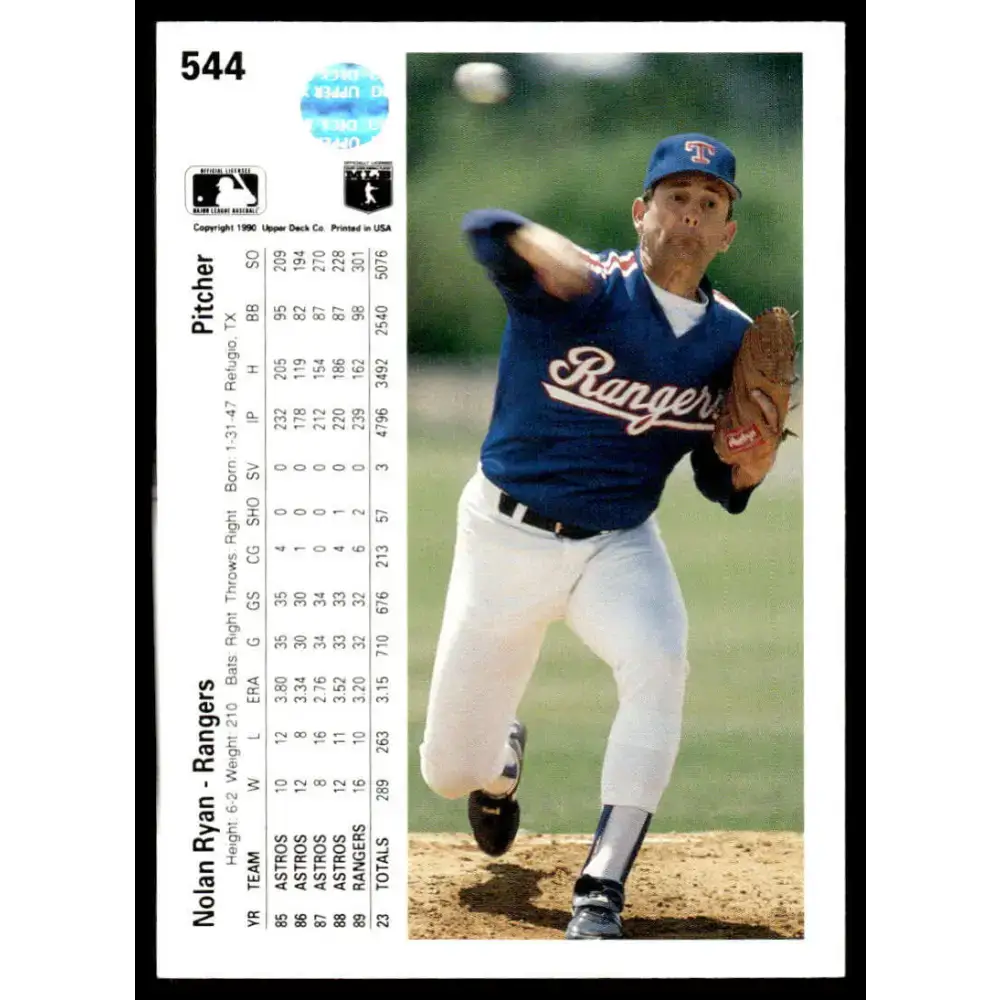 1990 Upper Deck #544 Nolan Ryan EX/NM Texas Rangers Baseball Card - Baseball Card Single
