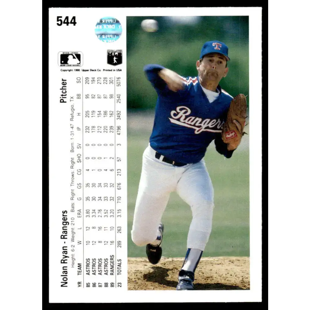 1990 Upper Deck #544 Nolan Ryan EX/NM Texas Rangers Baseball Card - Baseball Card Single