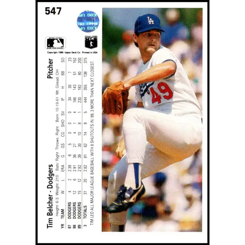 1990 Upper Deck #547 Tim Belcher NM-MT Los Angeles Dodgers Baseball Card - Baseball Card Single