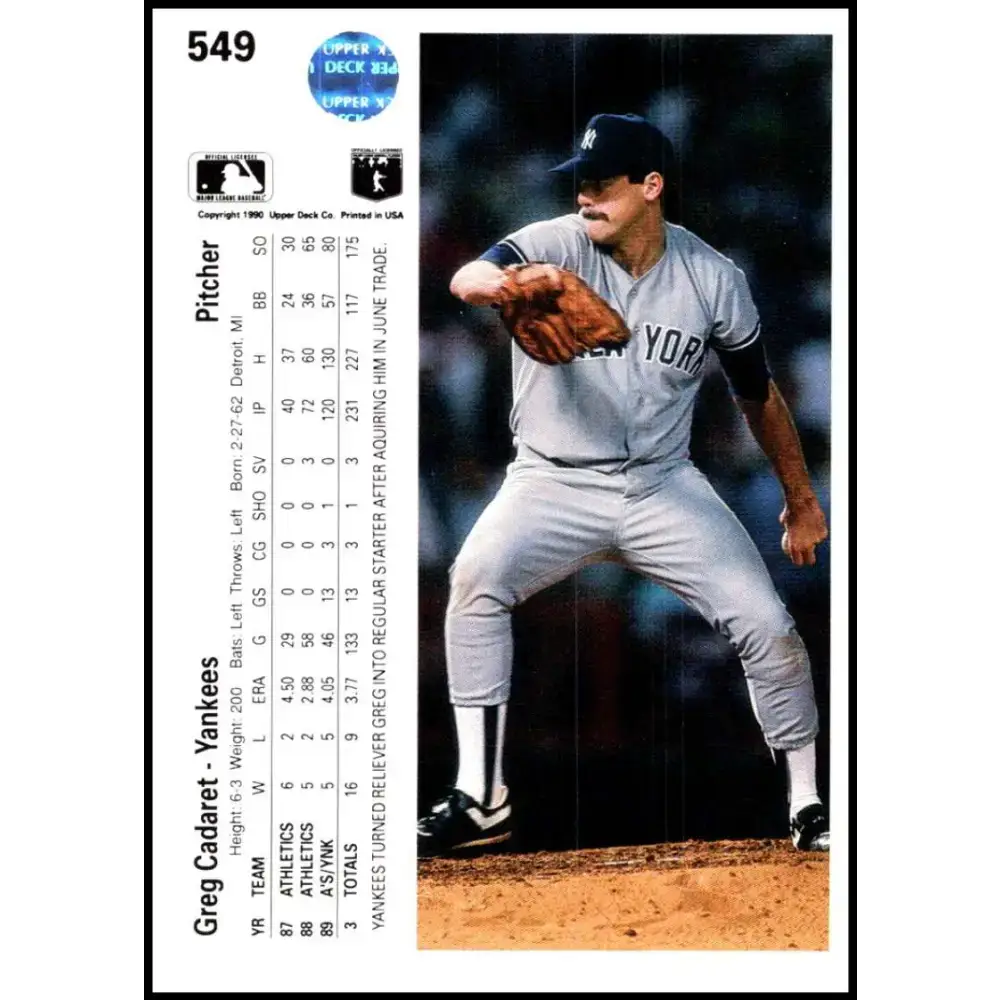 1990 Upper Deck #549 Greg Cadaret UER NM-MT New York Yankees Baseball Card - Baseball Card Single