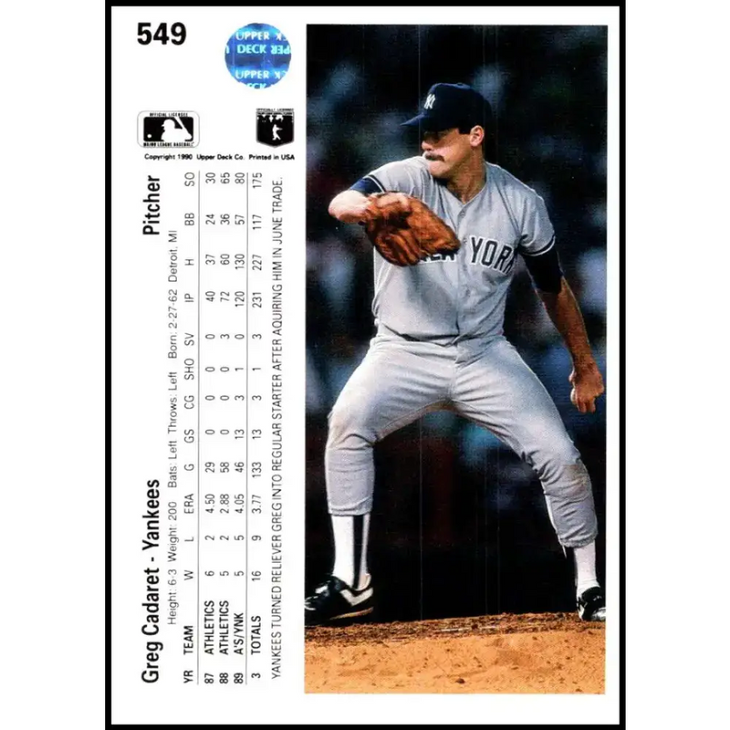 1990 Upper Deck #549 Greg Cadaret UER NM-MT New York Yankees Baseball Card - Baseball Card Single