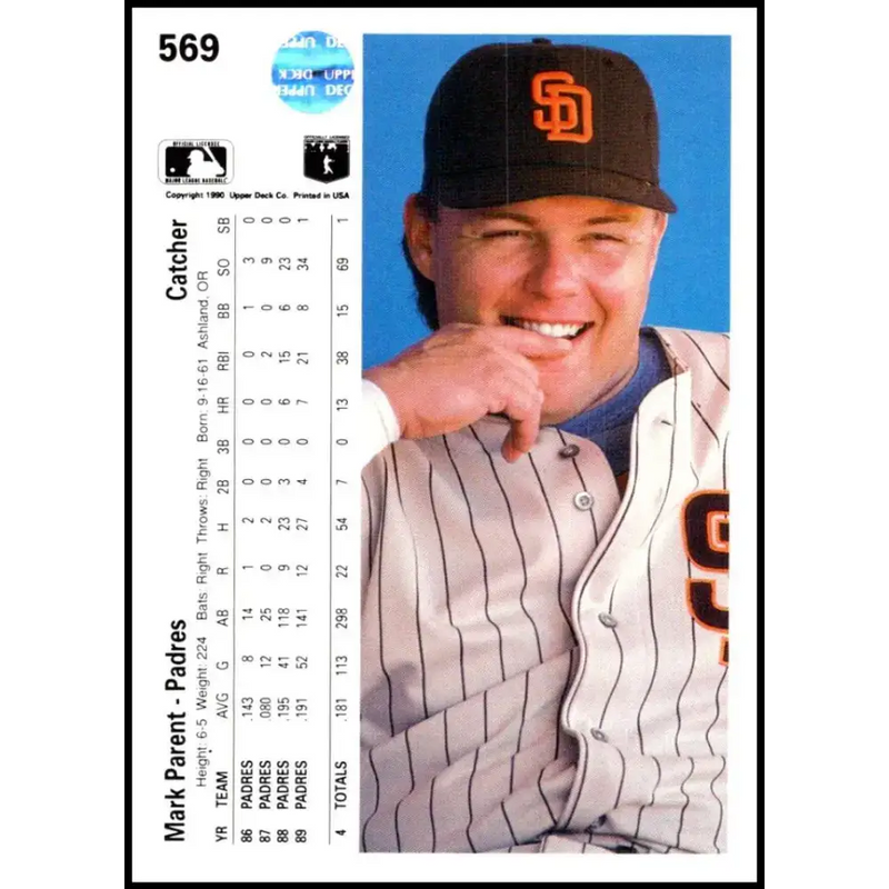 1990 Upper Deck #569 Mark Parent NM-MT San Diego Padres Baseball Card - Baseball Card Single