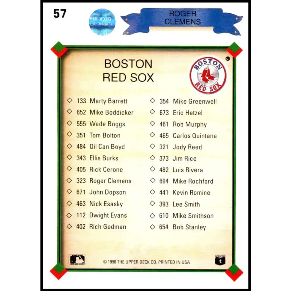 1990 Upper Deck #57 Roger Clemens TC NM-MT Boston Red Sox Baseball Card - Baseball Card Single