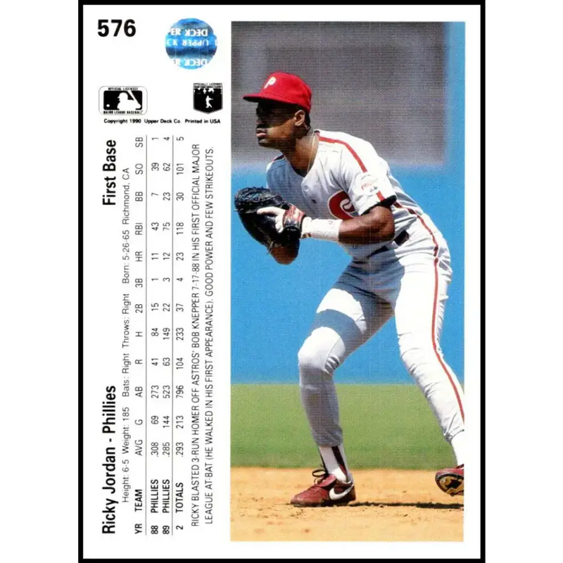 1990 Upper Deck #576 Ricky Jordan NM-MT Philadelphia Phillies Baseball Card - Baseball Card Single