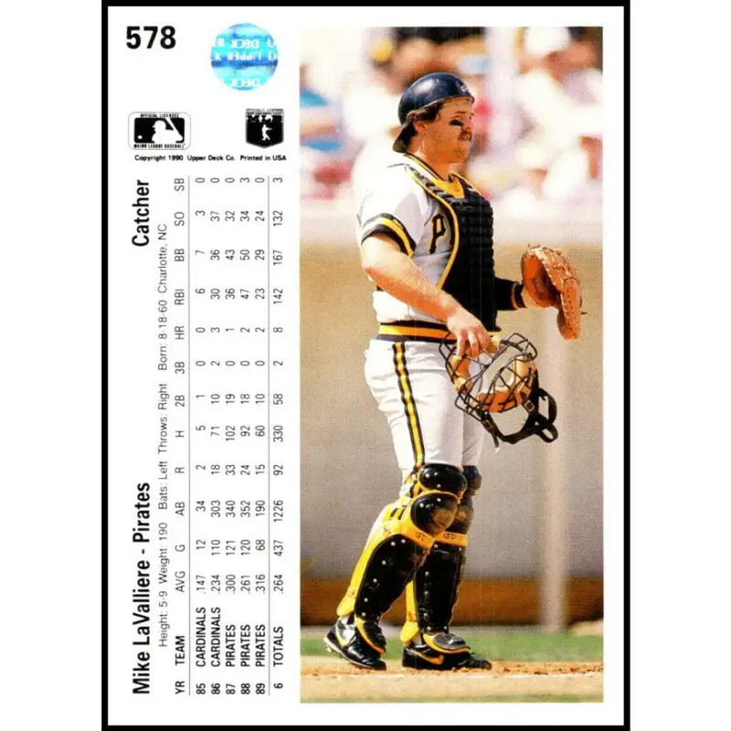 1990 Upper Deck #578 Mike LaValliere NM-MT Pittsburgh Pirates Baseball Card - Baseball Card Single