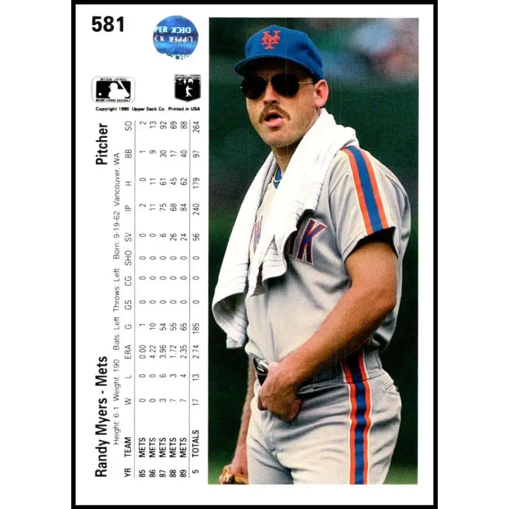 1990 Upper Deck #581 Randy Myers NM-MT New York Mets Baseball Card - Baseball Card Single