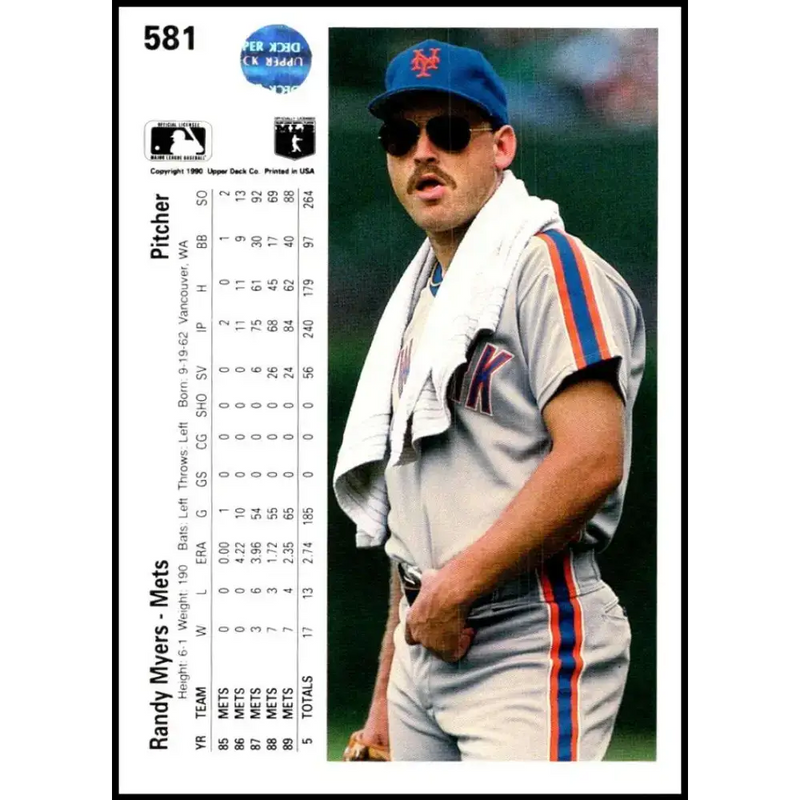 1990 Upper Deck #581 Randy Myers NM-MT New York Mets Baseball Card - Baseball Card Single