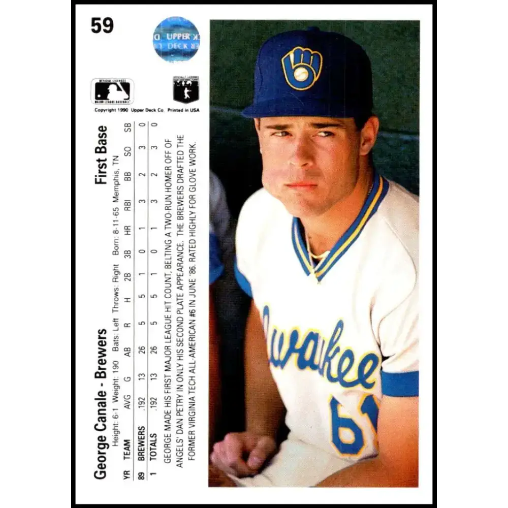 1990 Upper Deck #59 George Canale NM-MT RC Rookie Milwaukee Brewers Baseball Card - Baseball Card Single