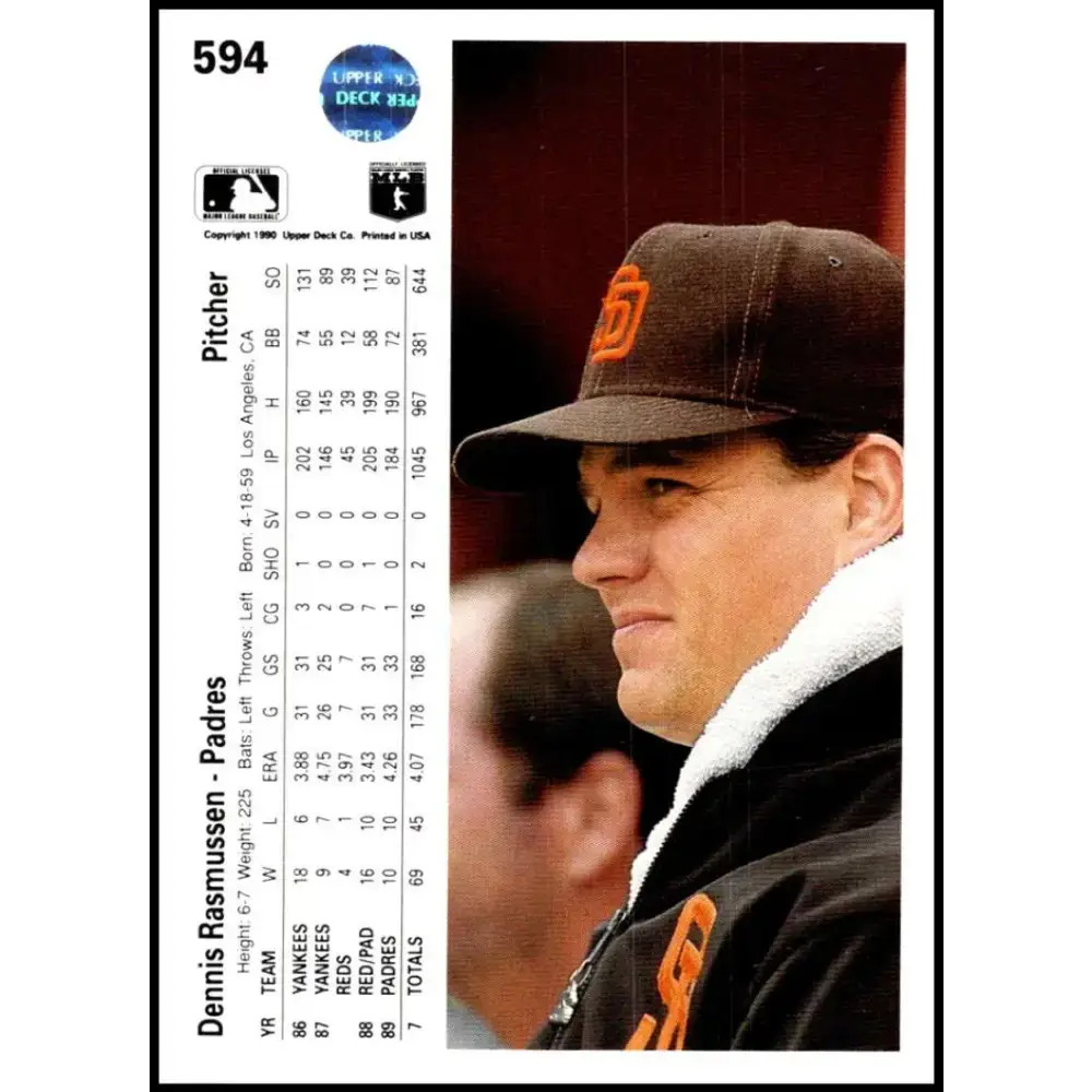 1990 Upper Deck #594 Dennis Rasmussen NM-MT San Diego Padres Baseball Card - Baseball Card Single
