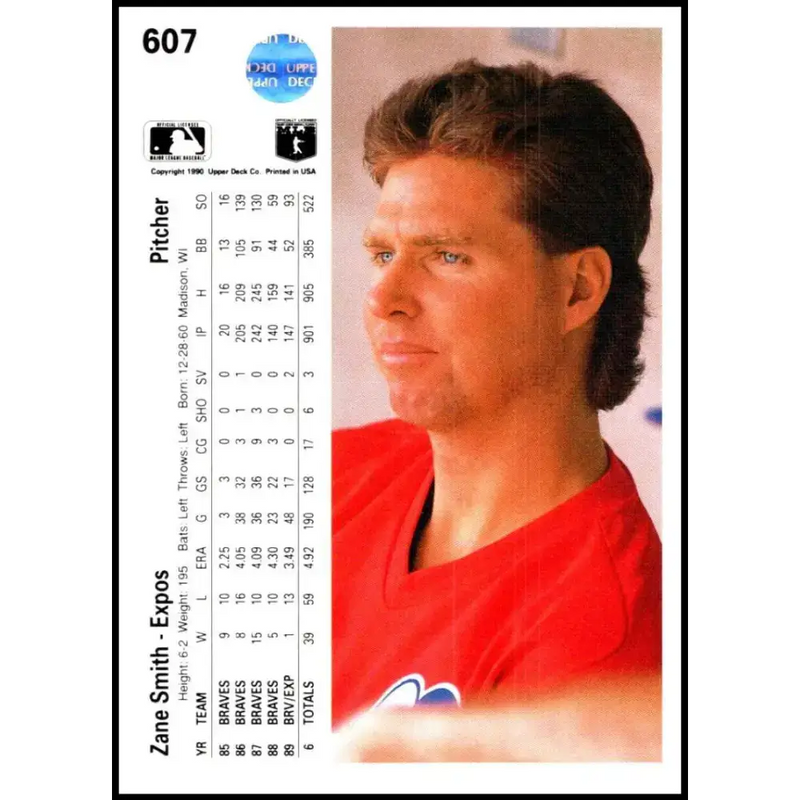 1990 Upper Deck #607 Zane Smith NM-MT Montreal Expos Baseball Card - Baseball Card Single