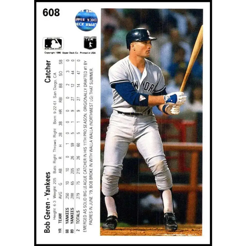 1990 Upper Deck #608 Bob Geren UER NM-MT New York Yankees Baseball Card - Baseball Card Single