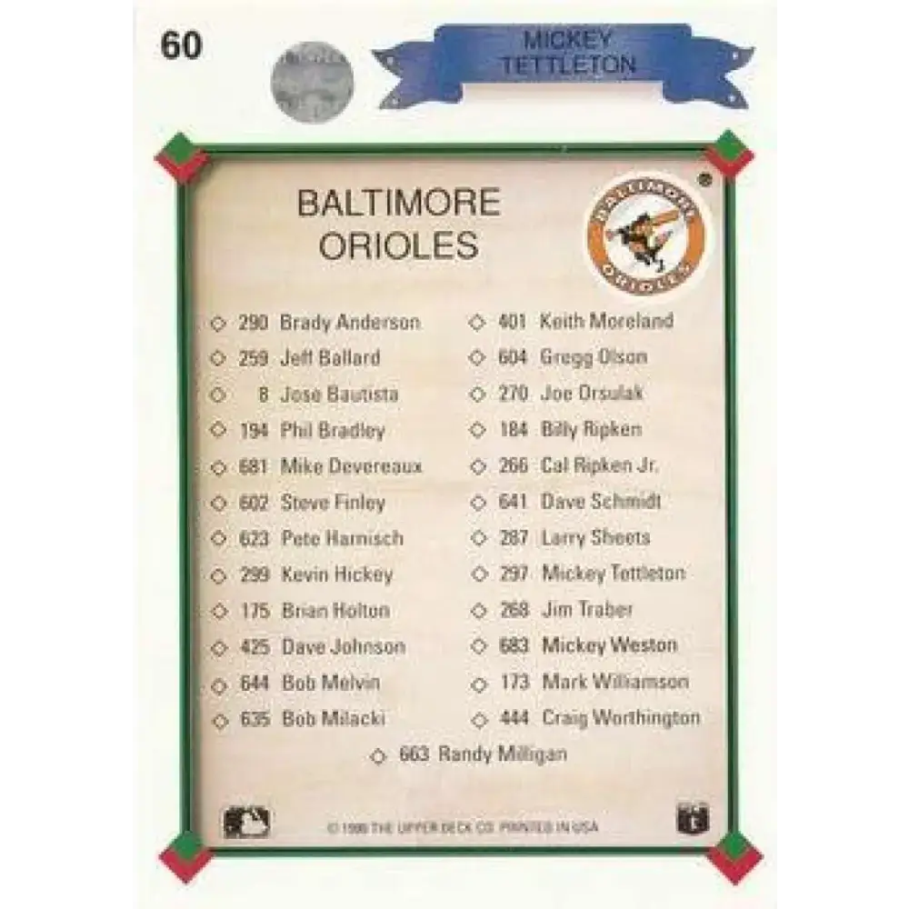 1990 Upper Deck #60b Mickey Tettleton TC COR NM-MT Baltimore Orioles Baseball Card - Baseball Card Single