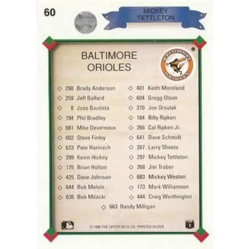 1990 Upper Deck #60b Mickey Tettleton TC COR NM-MT Baltimore Orioles Baseball Card - Baseball Card Single