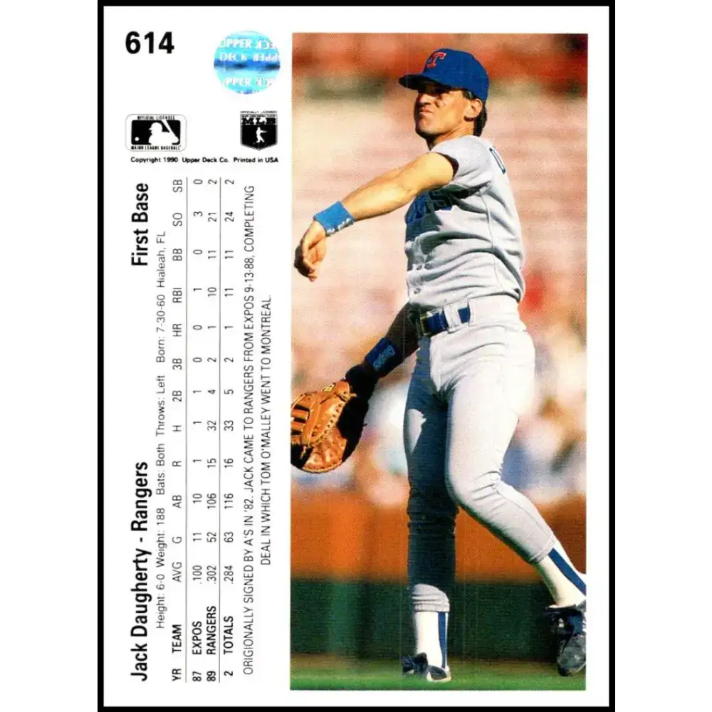 1990 Upper Deck #614 Jack Daugherty NM-MT RC Rookie Texas Rangers Baseball Card - Baseball Card Single