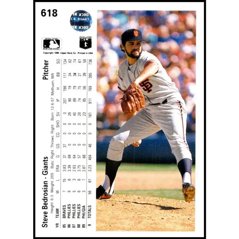 1990 Upper Deck #618 Steve Bedrosian NM-MT San Francisco Giants Baseball Card - Baseball Card Single