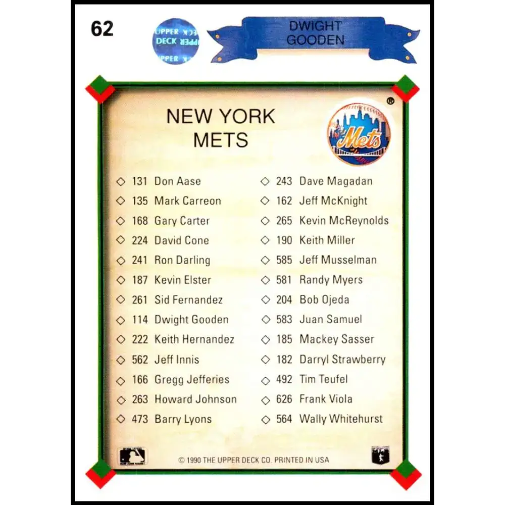 1990 Upper Deck #62 Dwight Gooden TC NM-MT New York Mets Baseball Card - Baseball Card Single