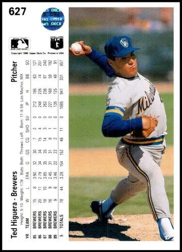 Original gloss Ted Higuera baseball card from 1990 Upper Deck #627 Brewers