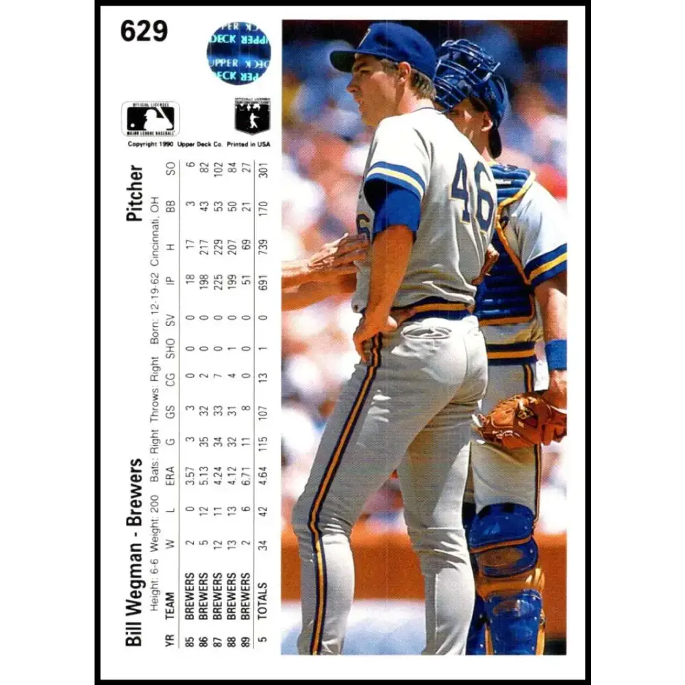 1990 Upper Deck #629 Bill Wegman NM-MT Milwaukee Brewers Baseball Card - Baseball Card Single