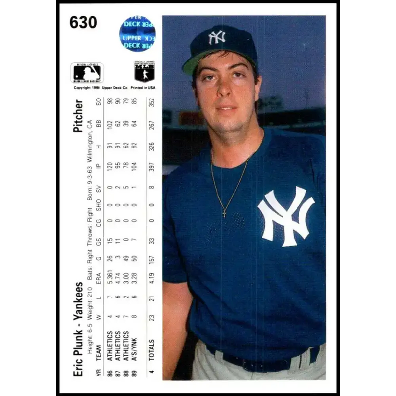 1990 Upper Deck #630 Eric Plunk NM-MT New York Yankees Baseball Card - Baseball Card Single