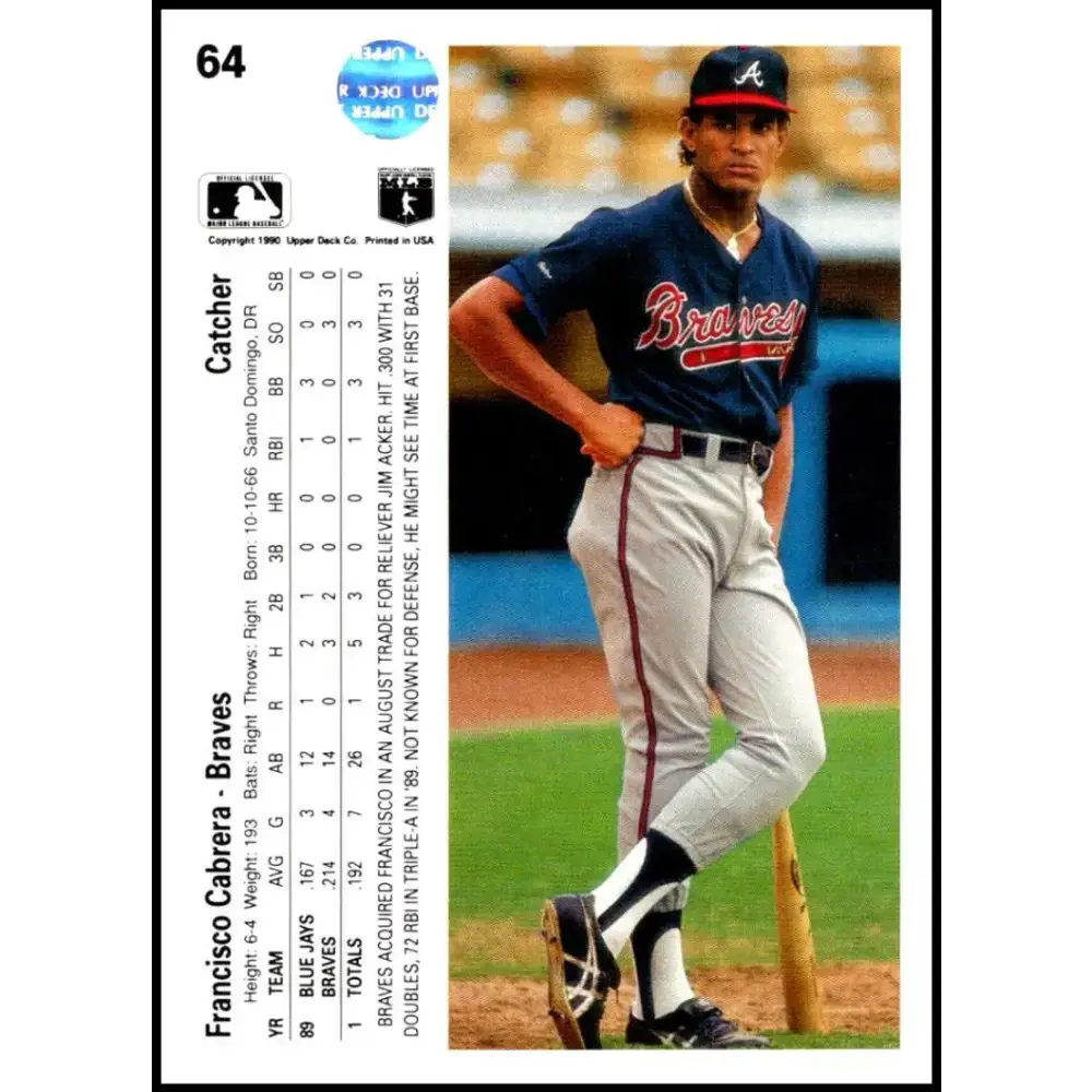 1990 Upper Deck #64 Francisco Cabrera NM-MT Atlanta Braves Baseball Card - Baseball Card Single