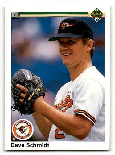 Original gloss 1990 Upper Deck Dave Schmidt Baltimore Orioles baseball card featuring Schmidt Baltimore Orioles