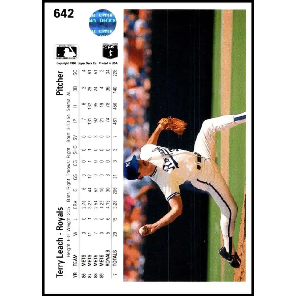 1990 Upper Deck #642 Terry Leach NM-MT Kansas City Royals Baseball Card - Baseball Card Single