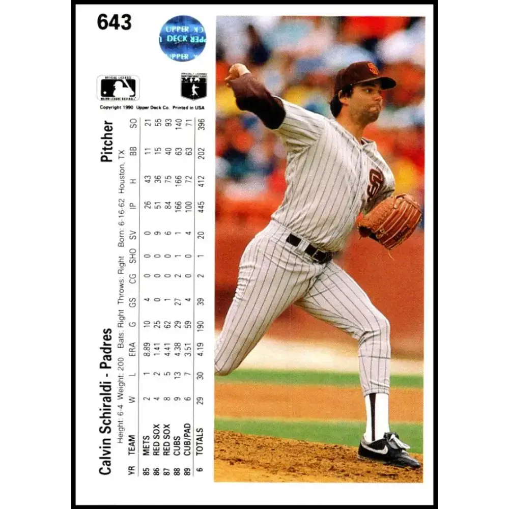 1990 Upper Deck #643 Calvin Schiraldi NM-MT San Diego Padres Baseball Card - Baseball Card Single