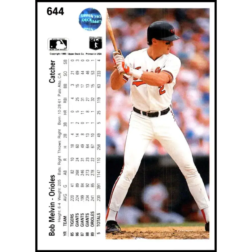 1990 Upper Deck #644 Bob Melvin NM-MT Baltimore Orioles Baseball Card - Baseball Card Single