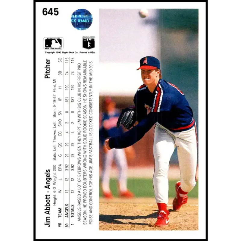 1990 Upper Deck #645 Jim Abbott NM-MT California Angels Baseball Card - Baseball Card Single