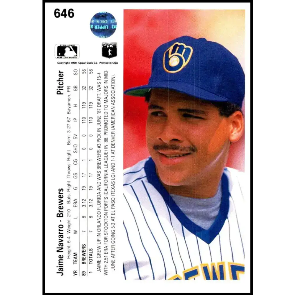 1990 Upper Deck #646 Jaime Navarro NM-MT Milwaukee Brewers Baseball Card - Baseball Card Single