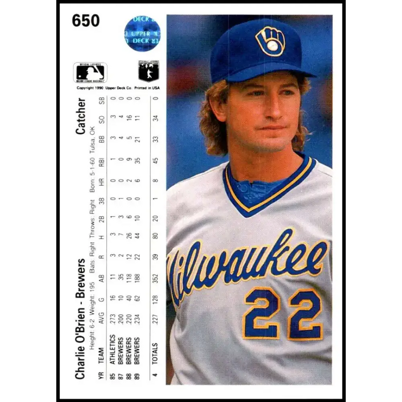 1990 Upper Deck #650 Charlie O’Brien NM-MT Milwaukee Brewers Baseball Card - Baseball Card Single