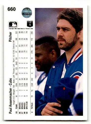 Back of 1990 Upper Deck Paul Assenmacher Chicago Cubs baseball card with original gloss