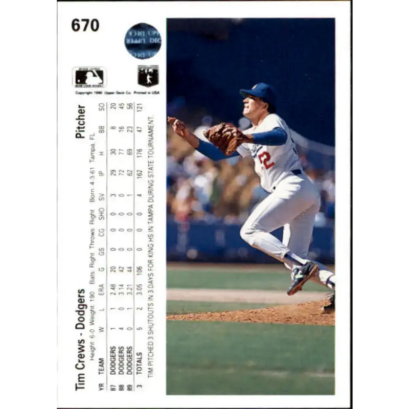 1990 Upper Deck #670 Tim Crews NM-MT Los Angeles Dodgers Baseball Card - Baseball Card Single