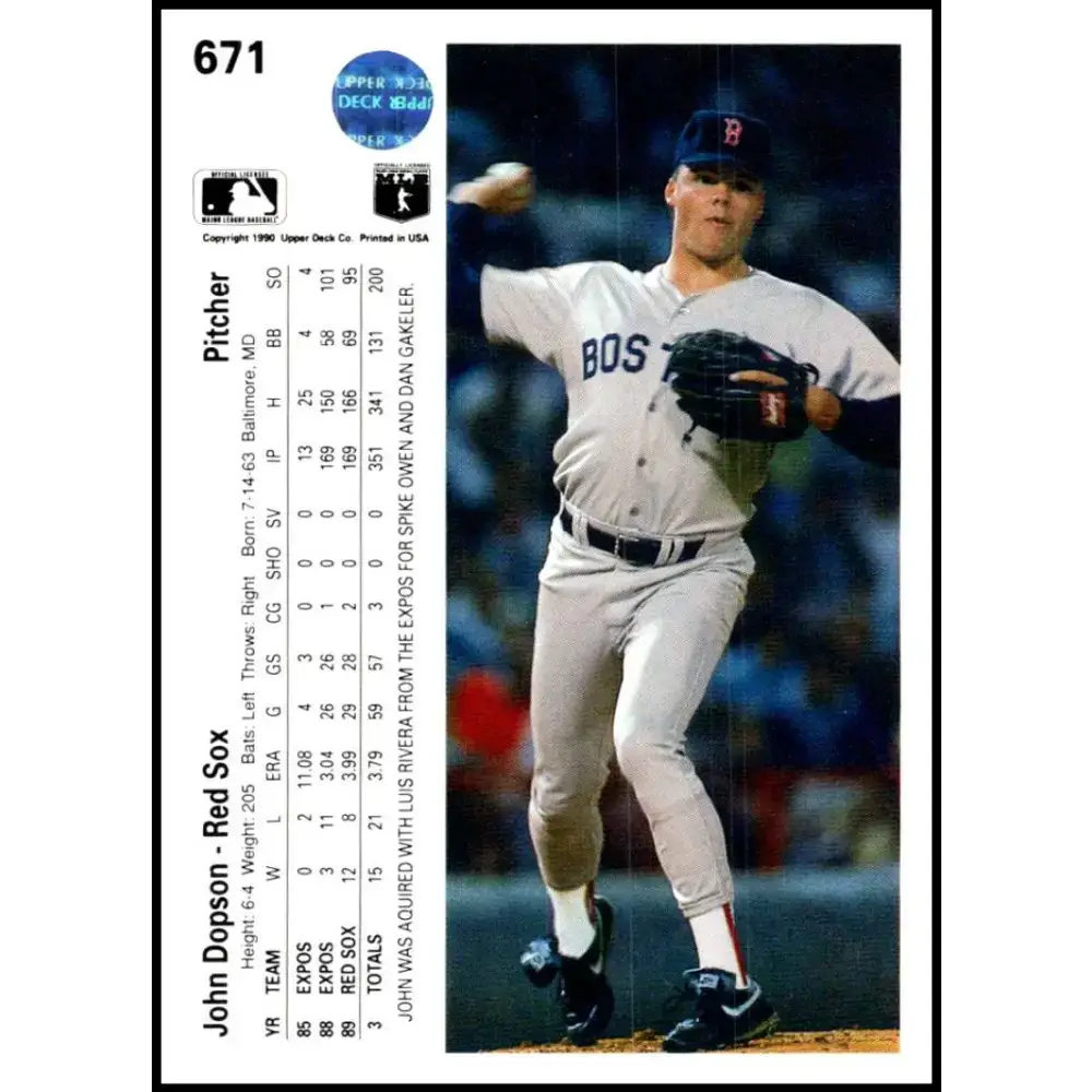 1990 Upper Deck #671 John Dopson NM-MT Boston Red Sox Baseball Card - Baseball Card Single