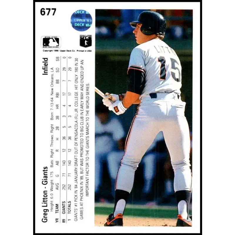 1990 Upper Deck #677 Greg Litton NM-MT San Francisco Giants Baseball Card - Baseball Card Single