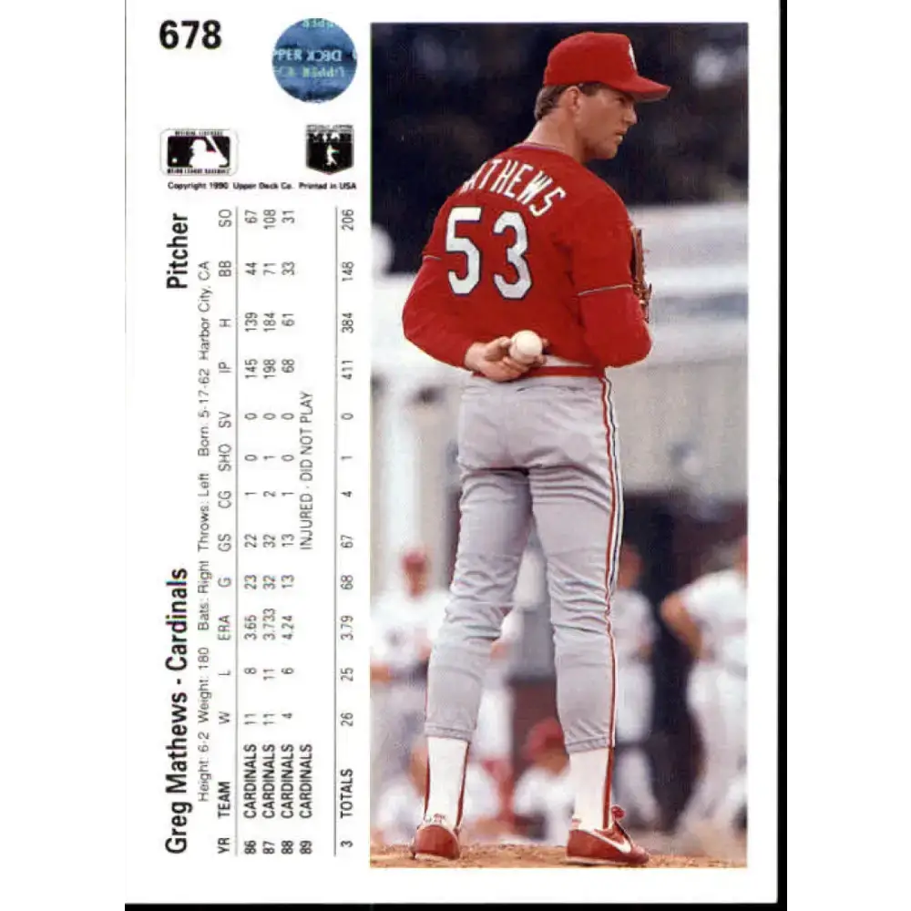1990 Upper Deck #678 Greg Mathews NM-MT St. Louis Cardinals Baseball Card - Baseball Card Single