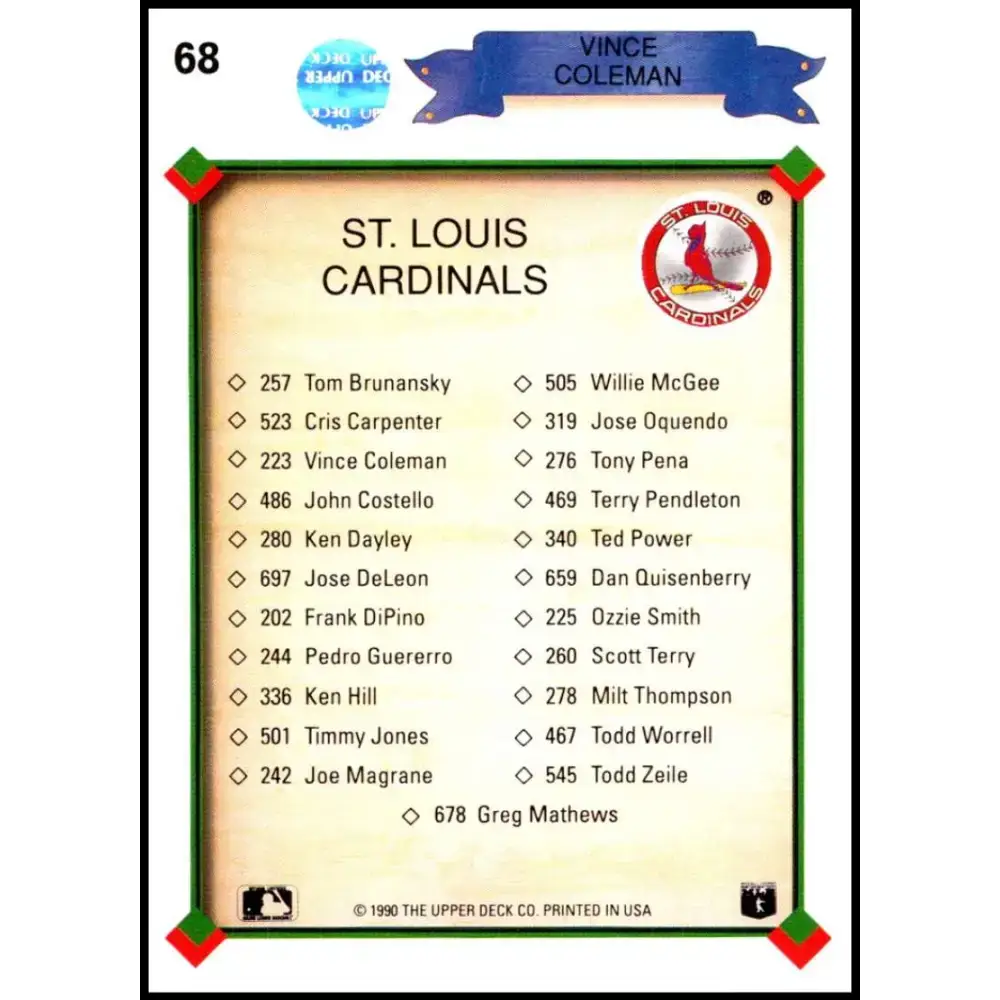 1990 Upper Deck #68 Vince Coleman TC UER NM-MT St. Louis Cardinals Baseball Card - Baseball Card Single